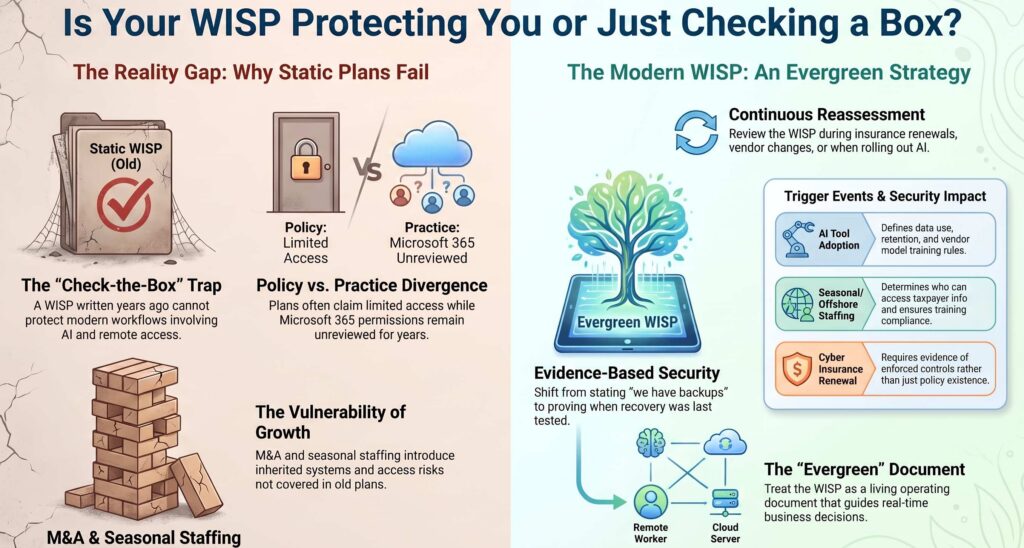 An effective WISP must bridge the gap between documented policy and the daily habits of employees to truly protect sensitive financial data. Firms that fail to align their security documentation with their evolving business models risk creating a dangerous false sense of organizational readiness.